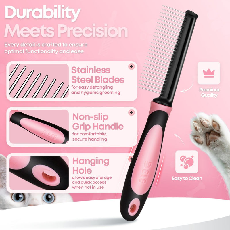 Flexzion Metal Pet Comb for Cats & Dogs - Sturdy Stainless Steel Rounded Teeth with Non-Slip Soft Grip Handle Easy to Use Grooming Detangling Cat Combs for Indoor Cats, Pink