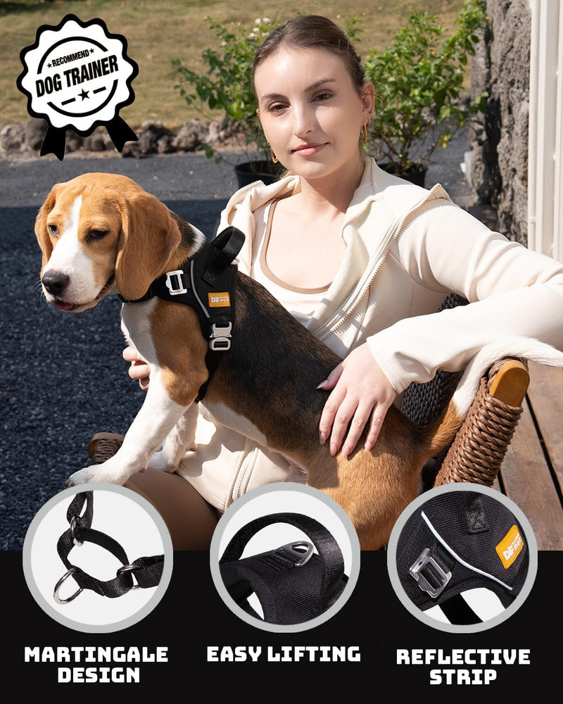 DF No Pull Step-in Martingale Dog Harness, Help Stop Pulling & Choking, Reflective & Adjustable, Front Clip Harness with Lift Handle, Tactical Silent Metal Buckle, Black, 3/4", Front Chest 13.2"-16.0" 3/4" (Front Chest 13.2" - 16.0") - PawsPlanet Australia