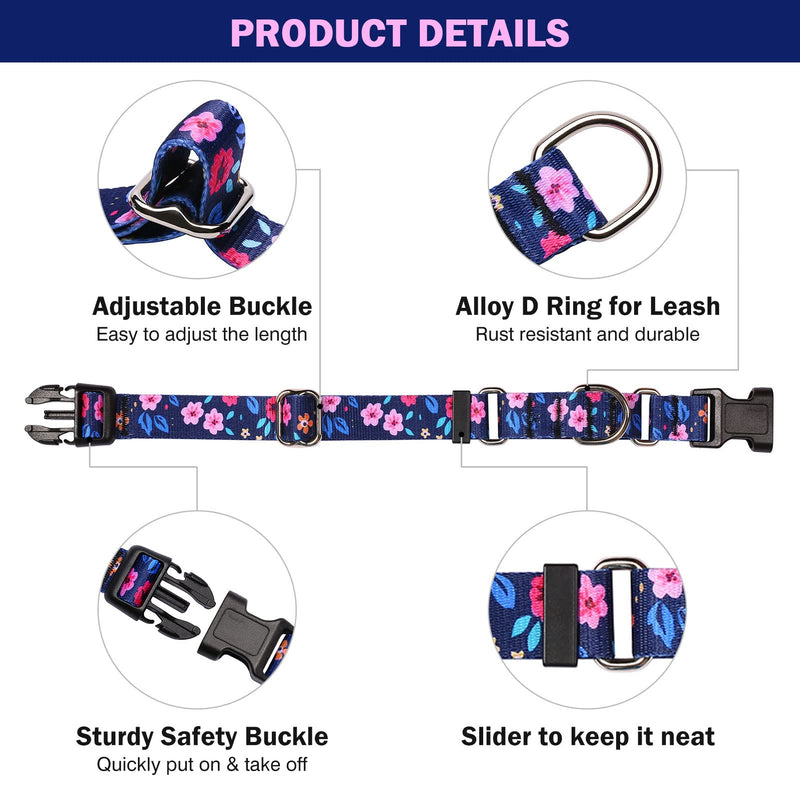 Martingale Collar for Dogs, Adjustable Soft Nylon Dog Collars with Special Design Cute Patterns for Small Medium Large Dog Blue Flower