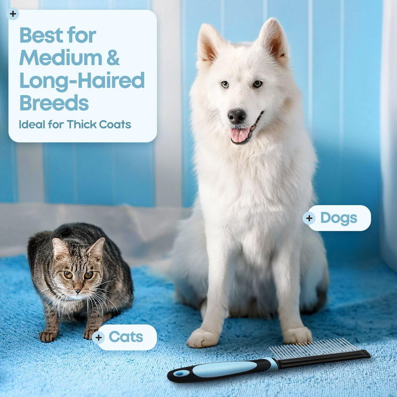 Flexzion Metal Pet Comb for Cats & Dogs - Sturdy Stainless Steel Rounded Teeth with Non-Slip Soft Grip Handle Easy to Use Grooming Detangling Cat Combs for Indoor Cats, Blue - PawsPlanet Australia