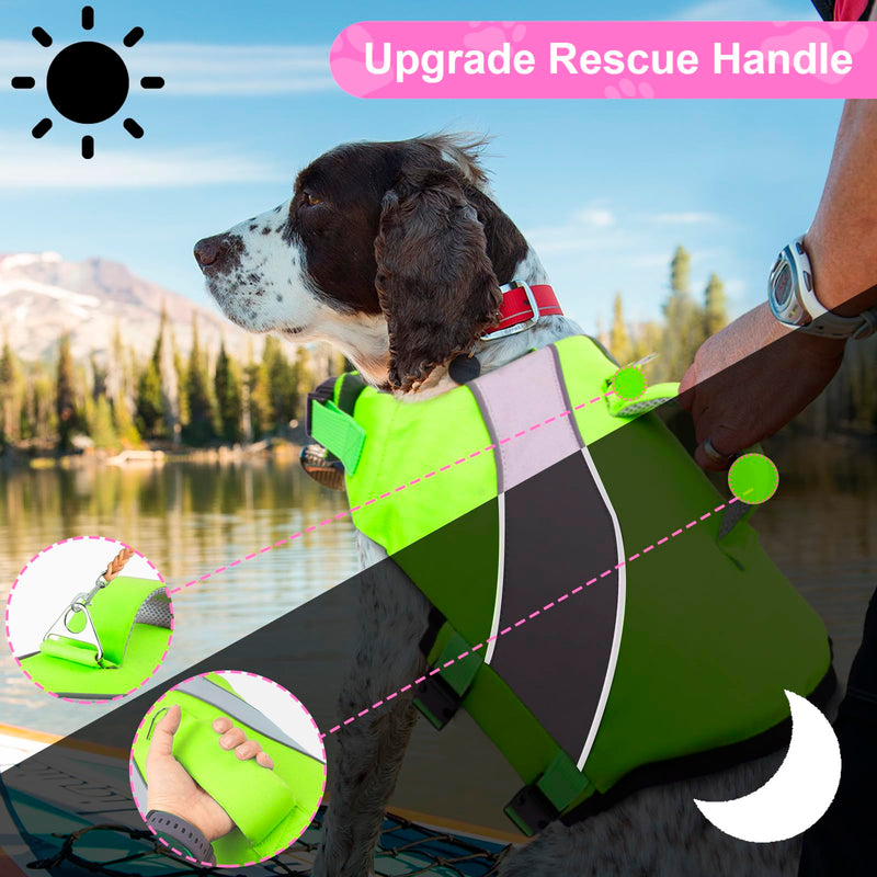 Fragralley Safety Dog Life Jacket, High Buoyancy & Reflective Dog Life Vest for Swimming, Boating, Surfing, Rescue Handle Float Preservers Vests for Small Medium Large Dogs - S (Single Handle) Small (Single handle) Green+Grey