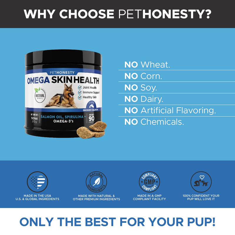 PetHonesty Omega SkinHealth Chews for Dogs - Omega 3 Fish Oil for Dogs - Kelp, Spirulina, Omega-3s, Alaskan for Healthy Skin & Coat, Helps Itchy Skin, Dog Allergies, May Reduce Shedding