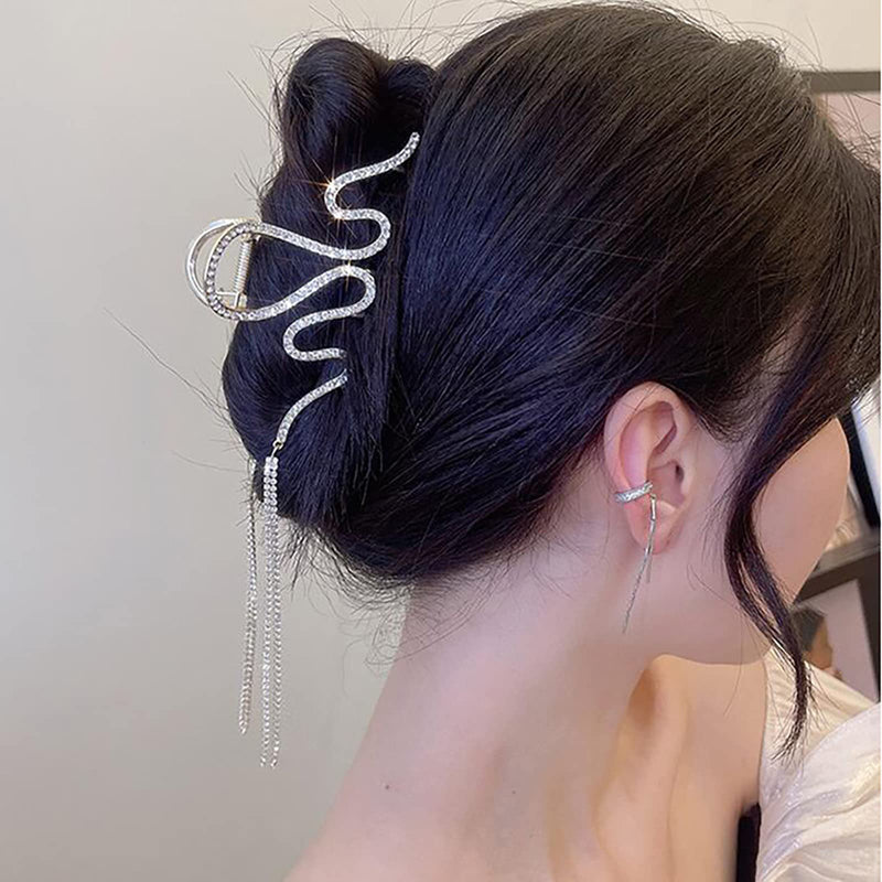 Bedazzled Sparkle Claw Clip Dangling Chain Diamond Hair Clips Fancy Silver Claw Clip Prom Snake Accessories for Women Fairy Hair Clip (SILVER)