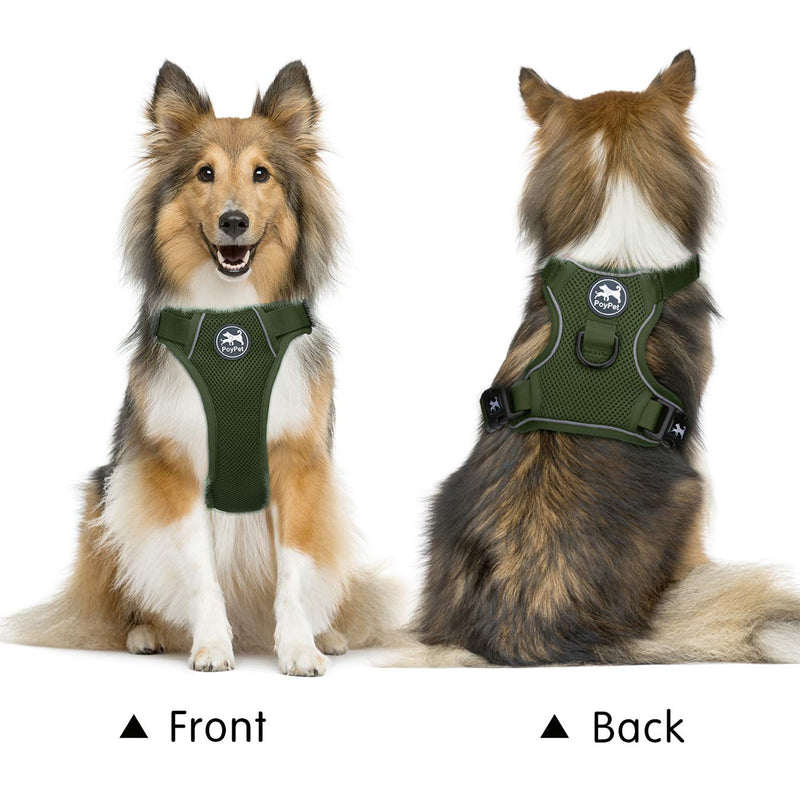 PoyPet Reflective Soft Breathable Mesh Dog Harness Choke-Free Double Padded Vest with Adjustable Neck and Chest(Military Green,M) Medium Military Green - PawsPlanet Australia