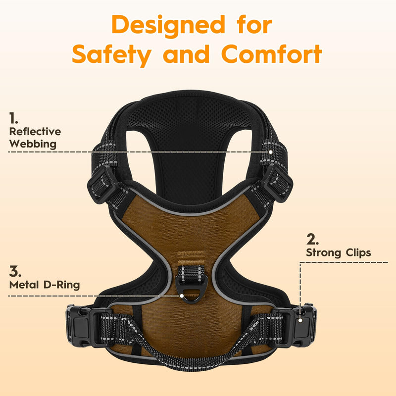 No Pull Dog Harness, No Chock Reflective Adjustable Soft Padded Pet Vest with Easy Control Handle, Easy Wearing with Stylish, Reinforced Knot, 2 Buckles Medium Brown - PawsPlanet Australia