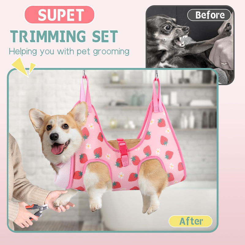 Supet Dog Grooming Hammock, Dog Hanging Harness for Nail Trimming Doorframe, Pet Holder Restraint for Clipping Nails, Pet Hoist Sling for Cutting Nails, Ear & Eye Cleaning, Medicine at Home (S) S（ Legs Spacing：5.2“-12.2" / Max W：14-30LBS） Strawberry - PawsPlanet Australia