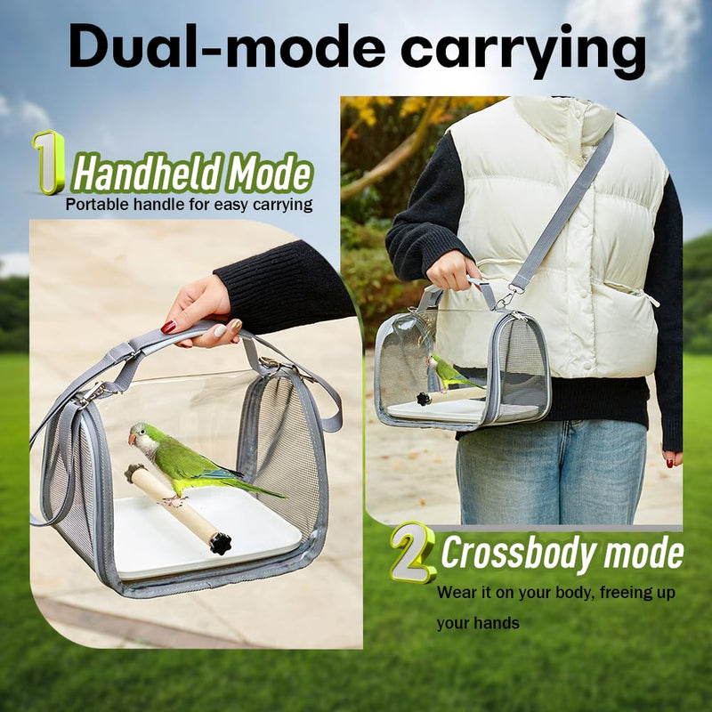 Portable Bird Travel Carrier with Breathable Mesh Windows Hands Free Parrot Backpack for Vet Visit Shopping Hiking, Clear View Small Pet Cage with Easy Clean Removable Tray and Perch Gray