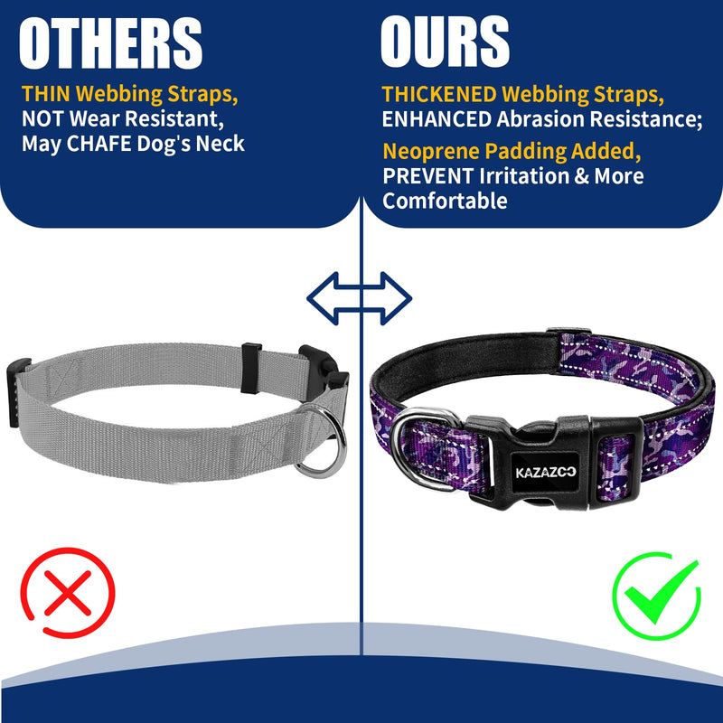 Kazazoo Reflective Dog Collar with Soft Padding Dog Collar for Large Dogs, Reflective Wide Nylon Adjustable Collar with Soft Padding, Durable Buckle for Pitbull Labrador Retriever,Girl Purple camo-L L