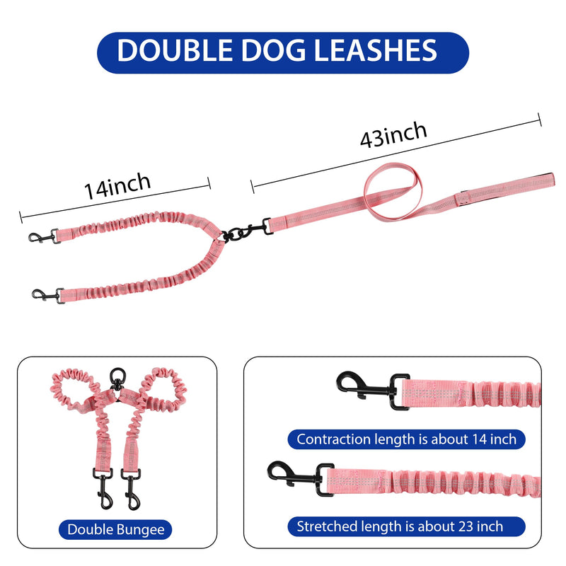 YAODHAOD Double Dog Leash for Two Dogs, 360° Swivel No Tangle with Soft Handle,Shock Absorbing Bungee Reflective Heavy 2 Dog Leashes, Walking & Training Leash Two Dogs Splitter (Pink) Pink