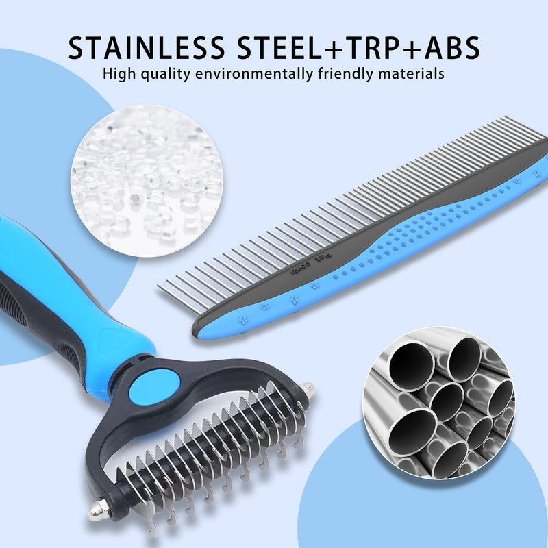 2 Piece Pet Grooming Rake and Brushes, Pet Combs, Dog Cat Comb, Stainless Steel Teeth, TPR Handle, 2-in-1 Single Sided Comb & Detangler for Dogs & Cats, for Removing Loose Hair, Mats, Tangles (Blue)