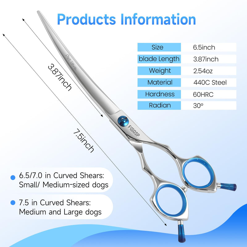 Curved Dog Grooming Scissors 7.5 in Curve Shears for Pet Dogs Cat Japan 440C 30°Arc Upward & Downward Classic Handle for Trimming Face and Paws(7.5, Curved) - PawsPlanet Australia