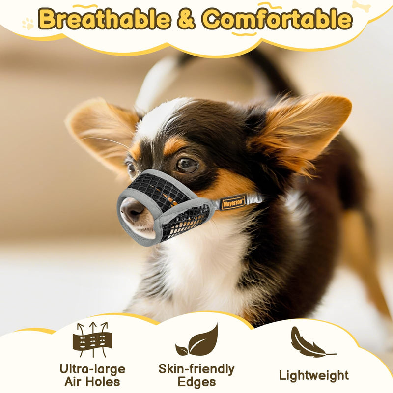 Mayerzon Dog Muzzle for Biting, Patented Soft Breathable Mesh Muzzle for Small Medium Dogs Chihuahua Dachshund Poodle, Adjustable Mouth Cover for Grooming, Chewing, Vet Visits (Grey Trim, M) Grey Trim M-(Snout Cir 7¼"-8")