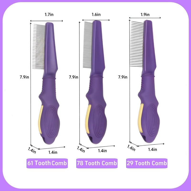 Temapex 3PCS Pet Comb for Grooming Long & Short Haired Cats & Dogs With Stainless Steel Metal Teeth for Removes Tangles & Flea, Non-Slip & Anti-Static Rubber Handle, Safe & Gentle Pet Detangling Comb + Flea Comb + Grooming Comb - PawsPlanet Australia