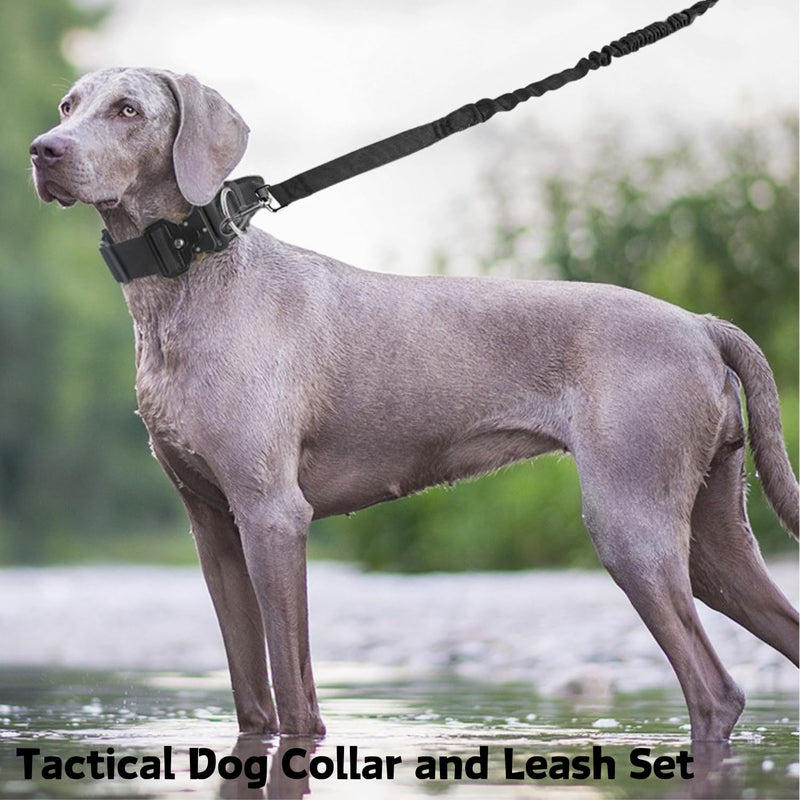 Tactical Dog Collar and Leash Set - Military Pet Collar with Handle and Heavy Metal Buckle Adjustable Dog Nylon Bungee Leash Dog Training Collar & Leash with Patches for Medium Large Dog (Black, L) Black - PawsPlanet Australia