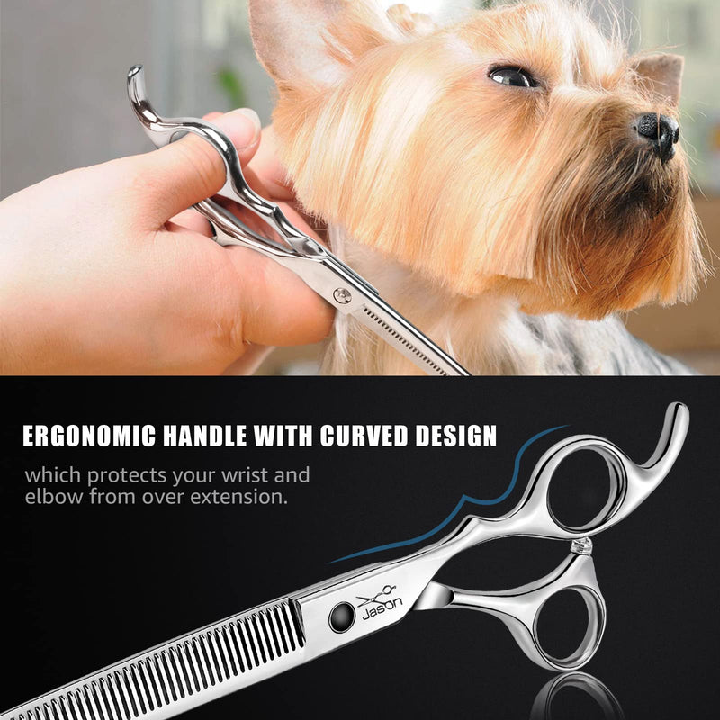 JASON 7.5" Dog Grooming Thinning Blending Scissor, Ergonomic Pet Grooming Thinner Blender Shears Cat Trimming Texturizing Kit with Offset Handle Right Hand