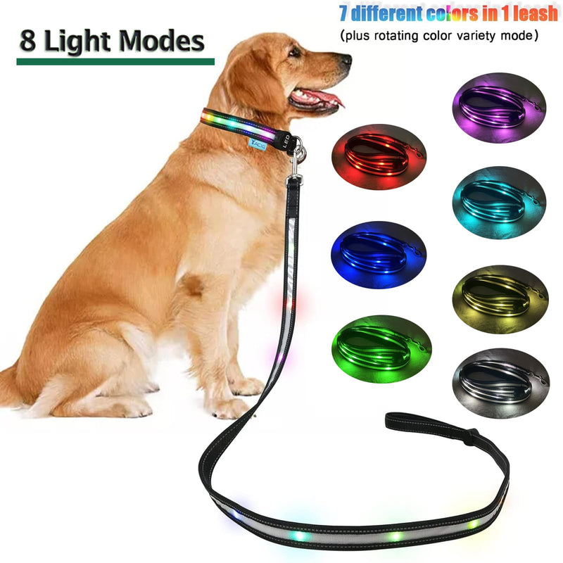 USB Rechargeable LED Dog Leash - 7 Colors & Color Cycling Mode, Light Up Dog Leash for Night Walking, Heavy Duty Padded Handle, 6FT for Small Medium Large Dogs - PawsPlanet Australia