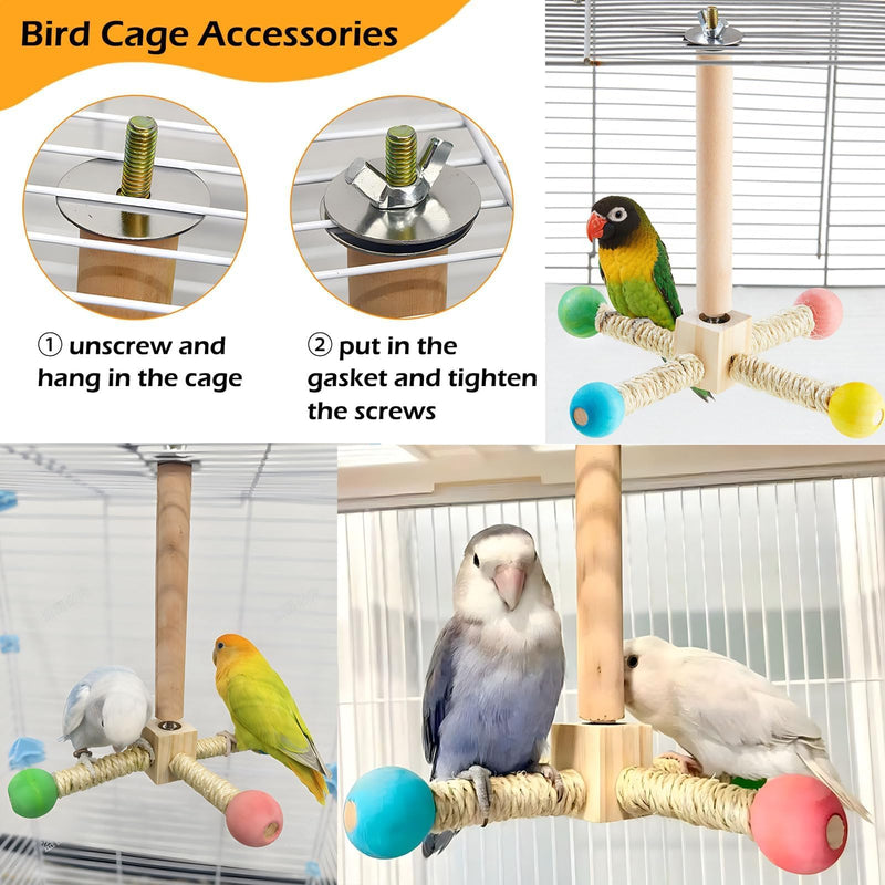 Bird Stand Perch Toy, Interactive Spinning Parakeet Toys, Wooden Exercise Wheel Parrot Toy, Enrichment Cockatiel Toy for Birds Cage, Bird Cage Accessories Perch Toys for Budgies (S) Hemp Rope S - PawsPlanet Australia