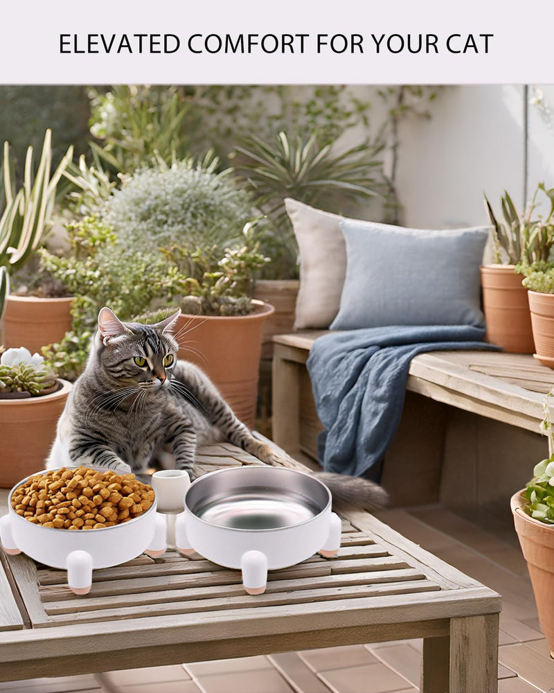 Stainless Steel Raised Cat Bowls – 2 Pack Elevated Food & Water Dishes for Cats & Kittens, 700ml Large Capacity Each, Whisker-Friendly, Non-Slip Base, Dishwasher Safe, Easy to Clean (White) White 2 Pcs