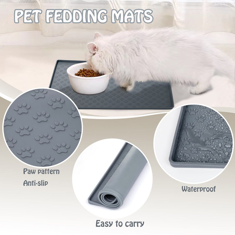 Dog Cat Pet Food Mat Dog Feeding Mat for Food and Water Silicone Dog Dish Mats for Floors Waterproof Slip Dog Bowl Mat with Raised Edges to Prevent Food and Water Messes on Floor 18X12Inch Grey - PawsPlanet Australia