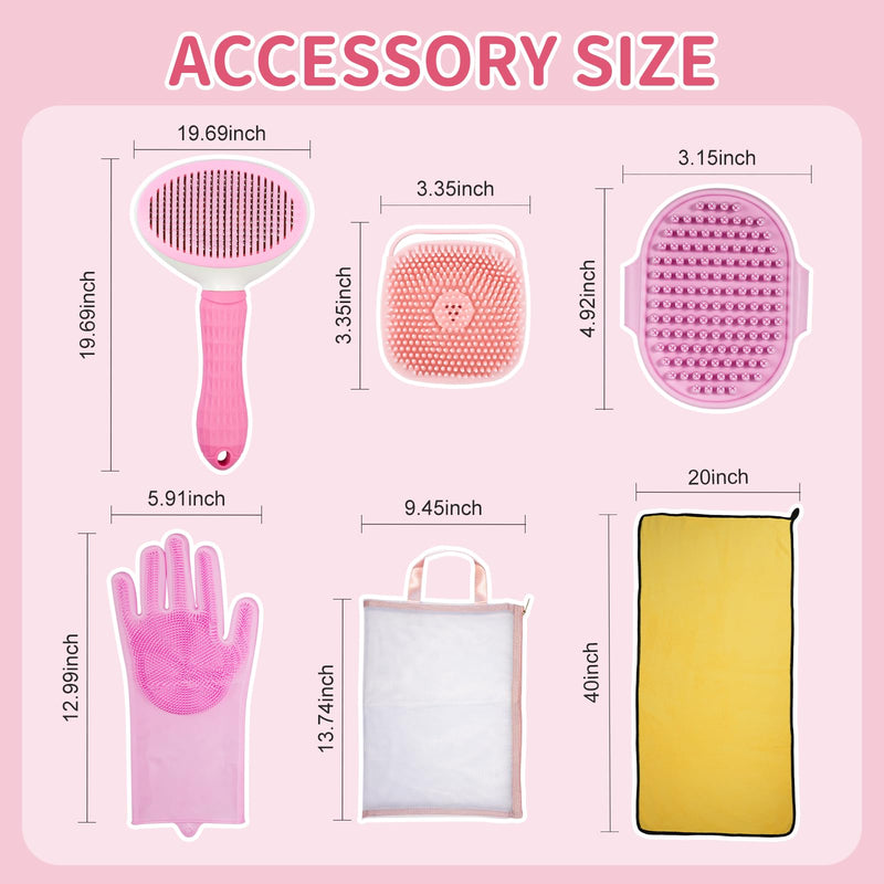 Dog Bath Supplies, Bath Grooming Kit with Storage Bag - Self Cleaning Slicker Brush, Shampoo Brush & Scrubber, Dog Grooming Gloves for Short & Long Haired Dogs & Cats (6 PCS) Premium2.0 Pink