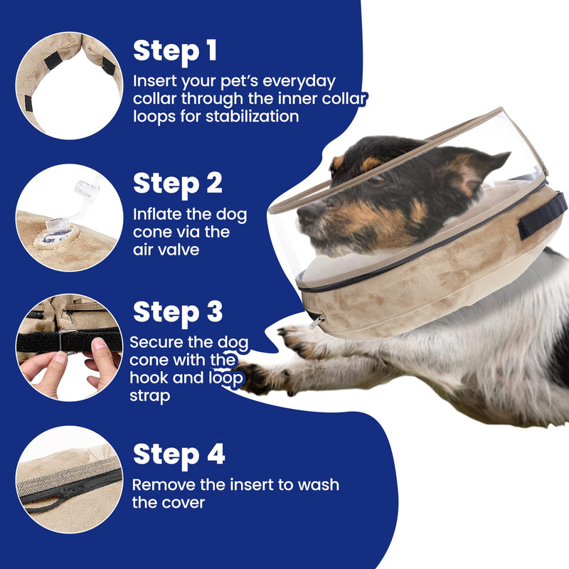 BARKLESS Dog Donut Collar, Inflatable Cone for Dogs to Stop Licking After Surgery, Protective Surgery Collar with Anti-Licking Shield, Soft Pillow Cone for Large Pets Tan L