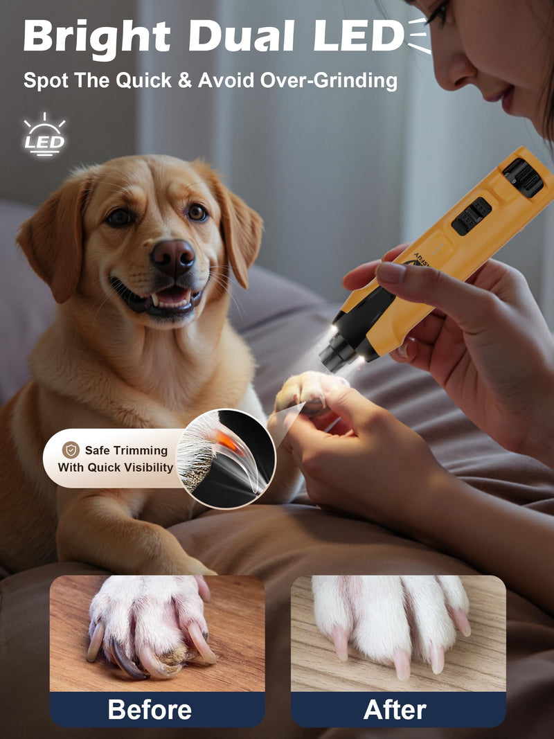 Casfuy 6-Speed Dog Nail Grinder – 50% Boosted Power Dog Nail Trimmers Quiet with Dual LED Lights & Dust Collector & 4.8V Copper Motor Electric Pet Toenail File Tool for Large Medium Small Dogs and Cat Yellow - PawsPlanet Australia