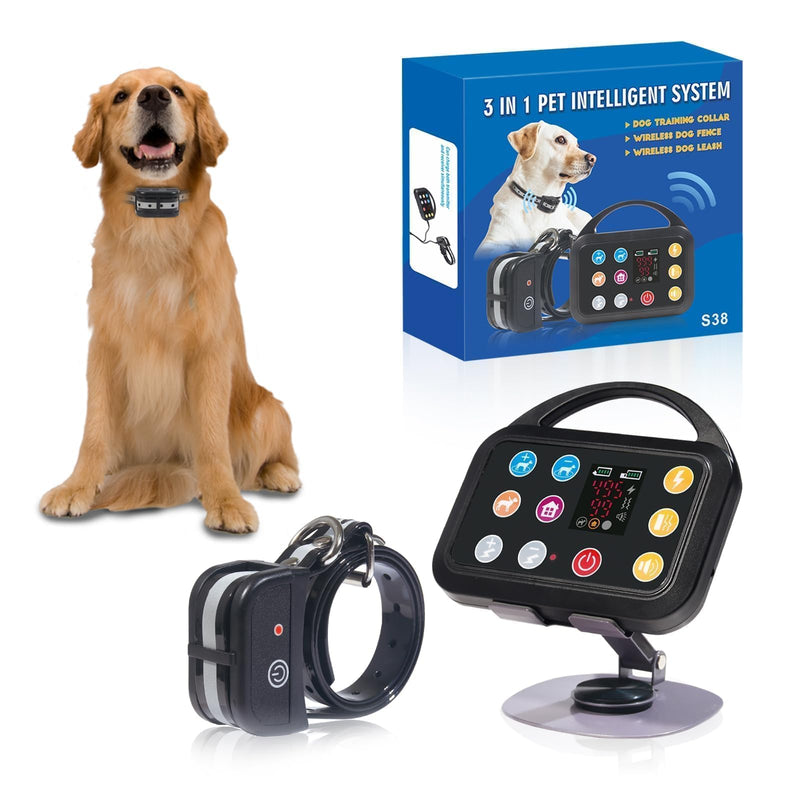 Plkm Dog Wireless Fence Indoor Outdoor Electric Fence Dog Training Collar Pet Intelligent 3 in 1 System, AI Technology Out-of-Range Reminder, Adjustable Range Shock Strength, Rechargeable Waterproof Black