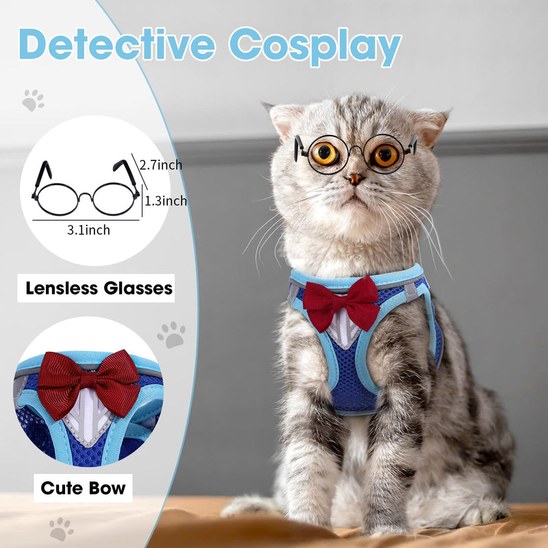 Cat Vest Harness and Leash Set for Walking, Escape Proof, Adjustable Kitten Harness, Breathable Mesh with Reflective Strips, Detective Conan-Inspired Design, Blue, Medium M - PawsPlanet Australia