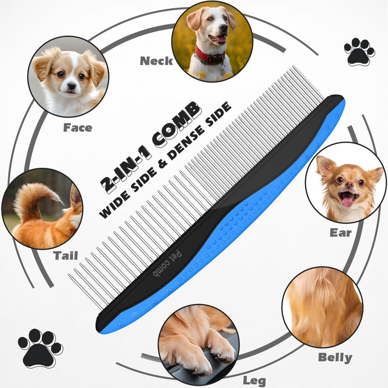3PCS Pet Grooming Rake & Metal Comb & Flea Comb for Cats and Dogs, Double-Sided Dematting Tool, Extra-Wide Deshedding Dog Brush for Long Hair to Effectively Remove Tangles, Knots and Mats (Blue) A-Blue - PawsPlanet Australia
