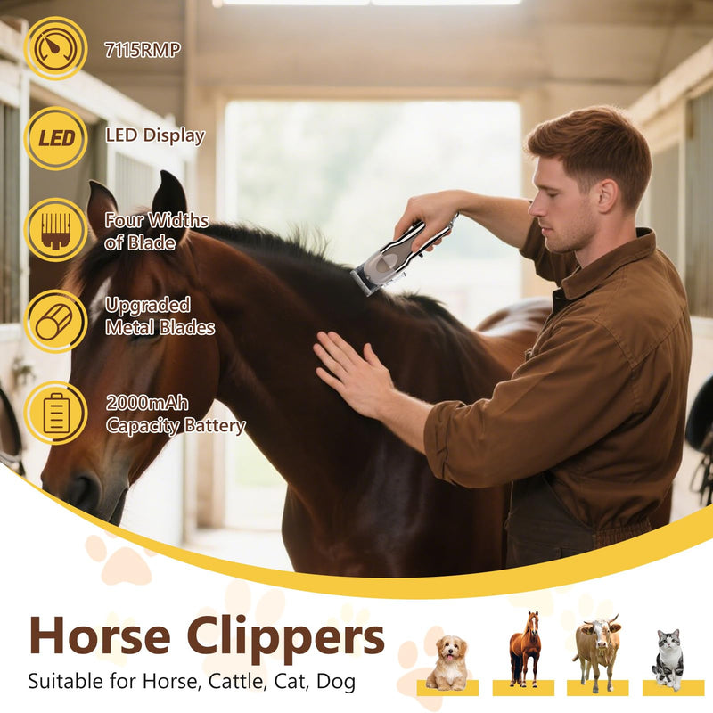 VINGVO Cordless Horse Clippers, Rechargeable Livestock Clippers with Low Noise, 180min Runtime & 4 Guards for Horse Dog Grooming Thick Hair - PawsPlanet Australia