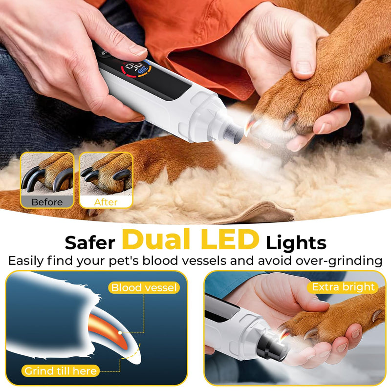 Dog Nail Grinder 6-Speed with LED Display, Dog & Cat Nail Clippers and Trimmers, Pet Nail Grinder with 2 LED Lights - Super Quiet Rechargeable Claw Trimmer for Large Medium Small Puppy Dogs/Cats White