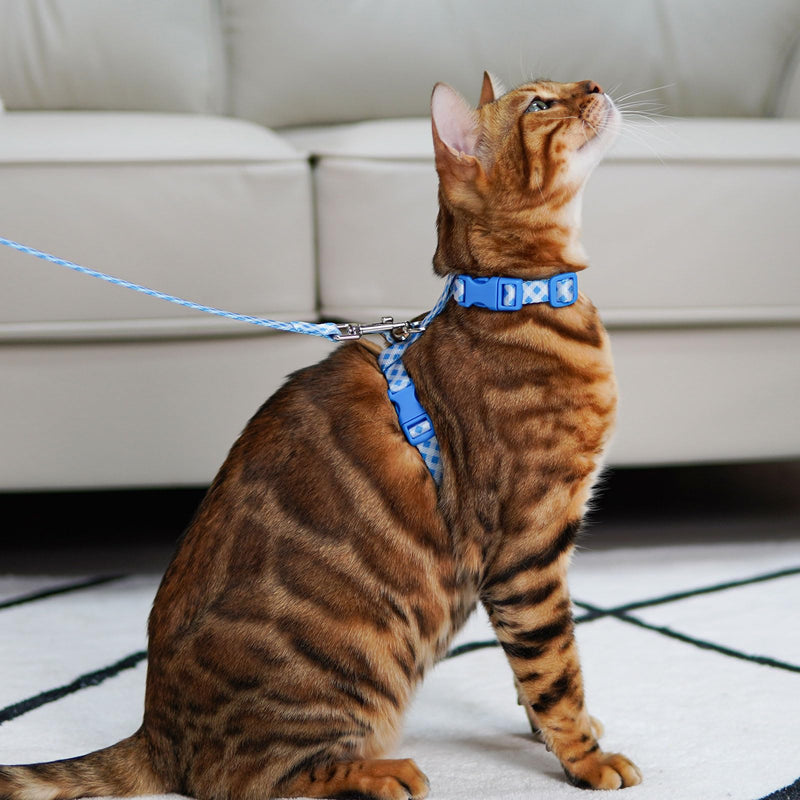 azuza Cat Harness and Leash Set for Safe Walking and Travel, Escape Proof Cat Harness, Lightweight Soft and Comfortable, Adjustable Kitten Harness for Small Medium Large Cats, Blue Plaid Neck Girth: 7"-10", Chest Girth: 10"-17" 3#Blue Plaid