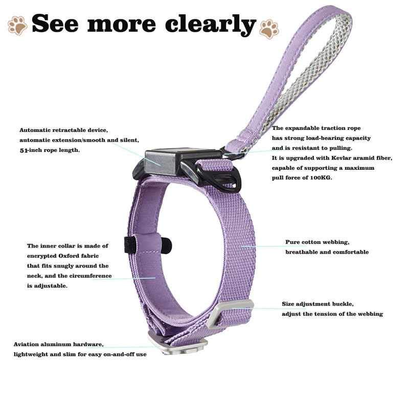 Retractable Dog Leash Collar for Small Medium Dogs - Chew Resistant Kevlar Rope, 5FT Silent Auto-Retraction - 2025 One-Piece with Cotton Padded Adjustable Neck (Purple, M) Purple - PawsPlanet Australia