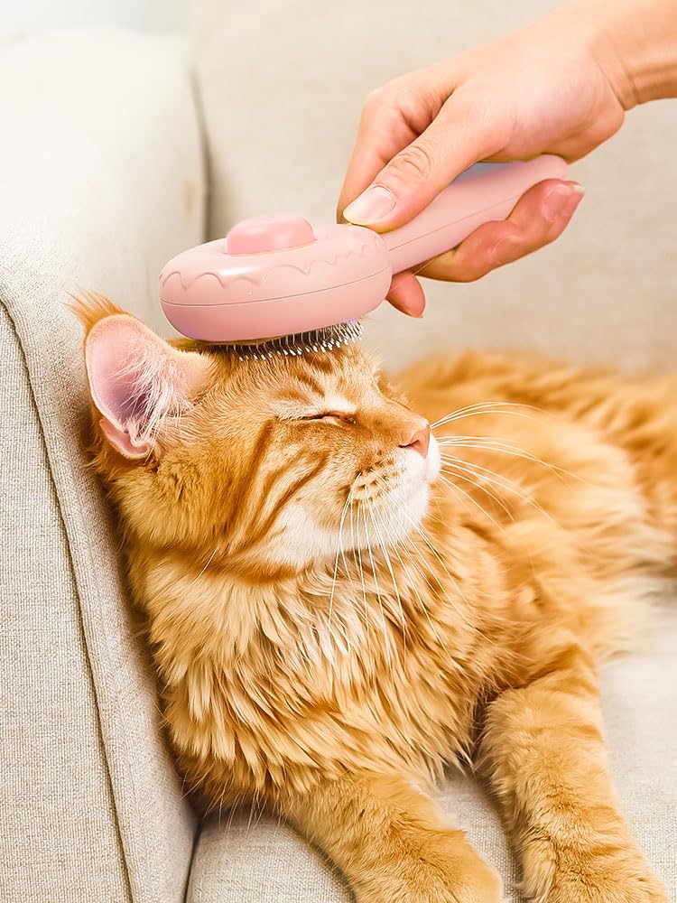 Cat Brush, Gemnbo Cat Dog Bursh for Shedding with Release Button, Deshedding Brush for Cats and Dogs at Home with Waterproof 140° Bent Curved Massage Needles Pink - PawsPlanet Australia
