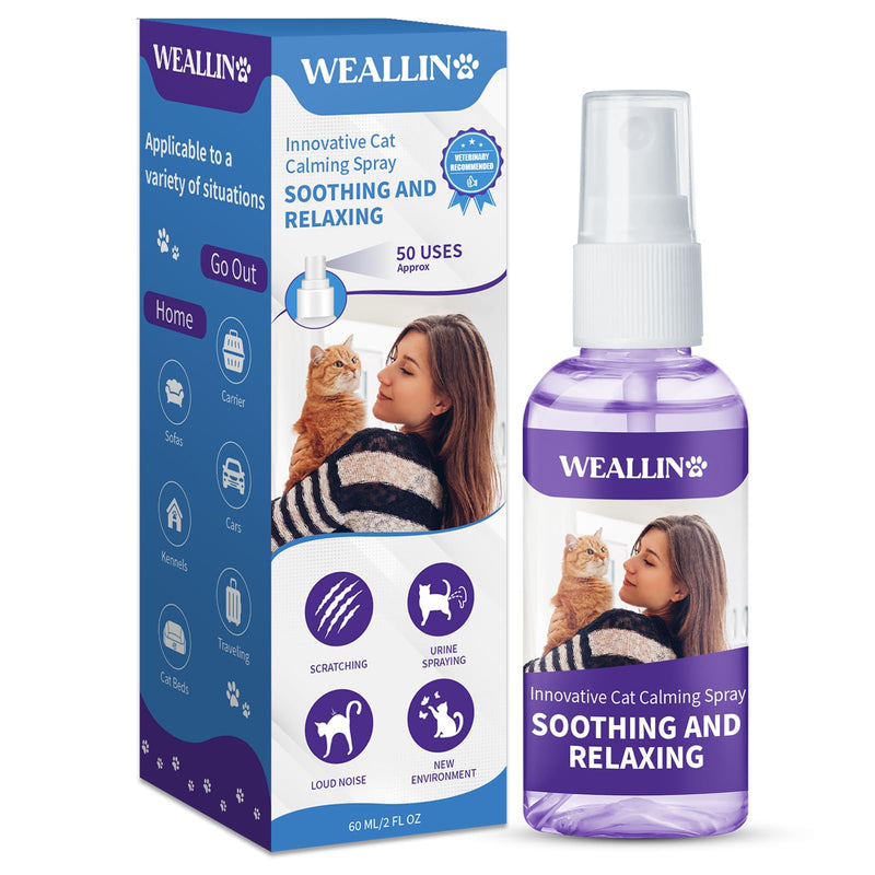 Cats Calming Spray (60 ML), Natural Calming Solution for Cats-Cat Facial Pheromone, Reduce Stress, Anxiety, Scratching, Hiding, Suit for Home, Travel, Vet Visits, Protect Furniture, Floors 1PC