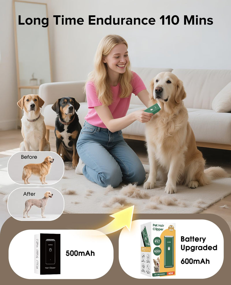 Pet Clippers for Dog Hair Grooming Low Noise, Rechargeable Cordless Cat Shaver with Ceramic Blade,Portable Pet Hair Trimmer for Matted & Long Hair Green - PawsPlanet Australia