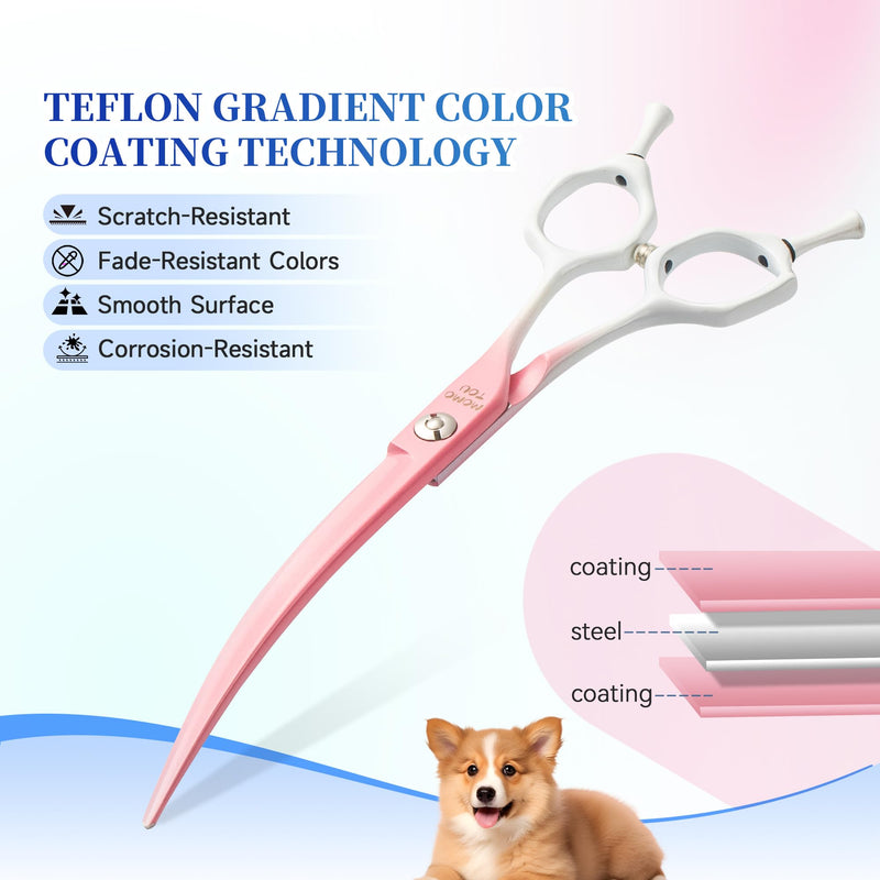 Curved Dog Grooming Scissors Pink to White Gradient 440C Stainless Steel Pet Grooming Shears Sharp Durable Dog Shears for Professional or Home Use Ergonomic Handle with 2 Silicone Finger Rings - PawsPlanet Australia