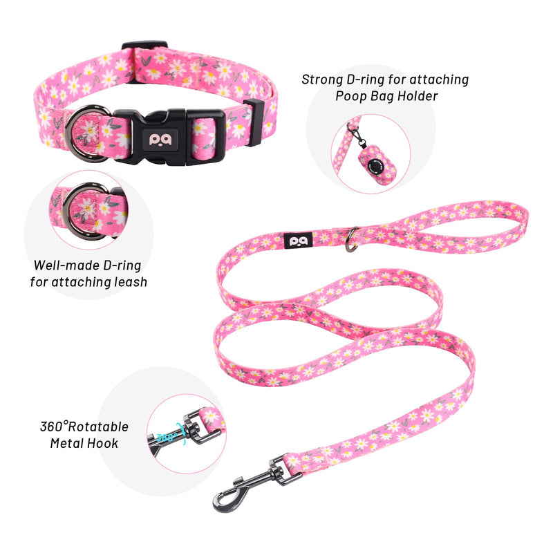 QQPETS Dog Harness Collar Leash with Poop Bag Holder 4 PCS Set, Adjustable No Pull Soft Mesh Padded Vest for Small Medium Large Pet Puppy Outdoor Walking (Daisy Pink, M (Chest 17”-24”)) M (Chest 17”-24”) Daisy Pink - PawsPlanet Australia