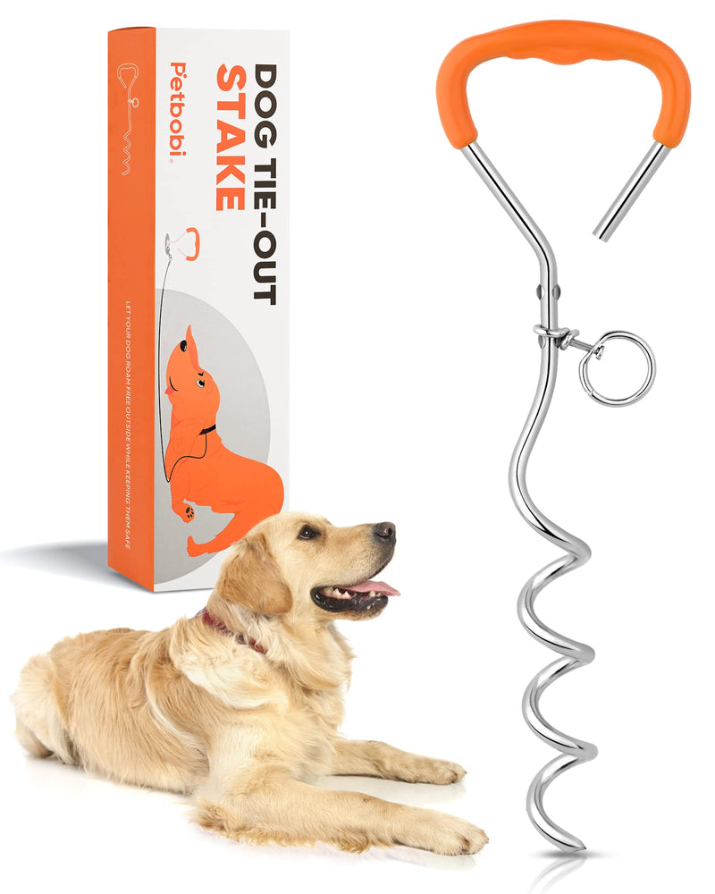 Petbobi Dog Tie Out Stake - 16″ Heavy Duty Dog Anchor for Yard Camping, 9mm Solid Steel, Soft Grip Handle Dog Spiral Stake with No Tangle Connect Ring for Small to Large Dogs Up to 120lbs, Orange