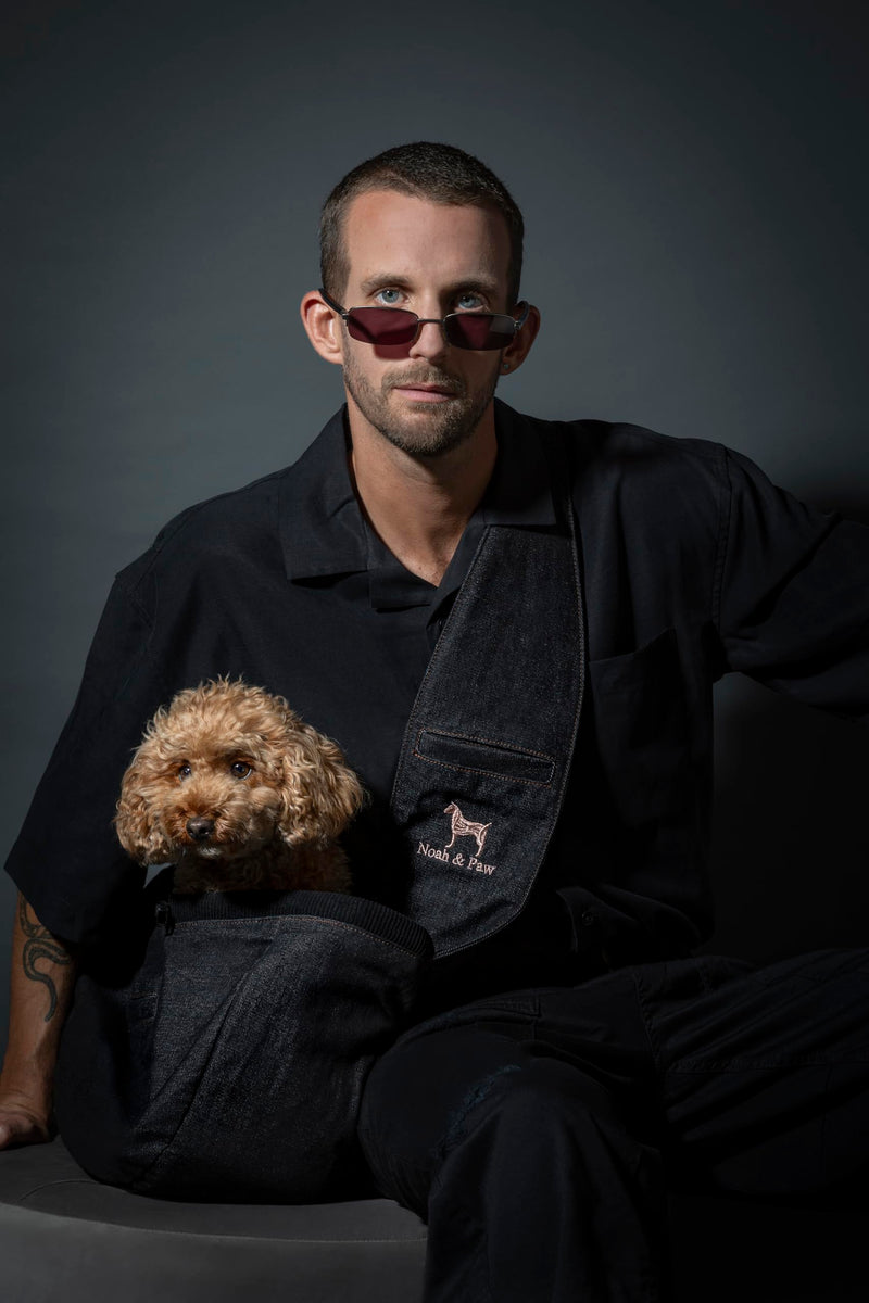 Noah & Paw Dog Sling Carrier for Small Dogs 5-18lb, Dog Sling for Small Dogs and Cats, Dog Carrier with Adjustable Padded Strap, Denim Lined with Fur, 3X Safety Features, Machine Washable Black 18.0"L x 10.0"W x 5.5"H - PawsPlanet Australia