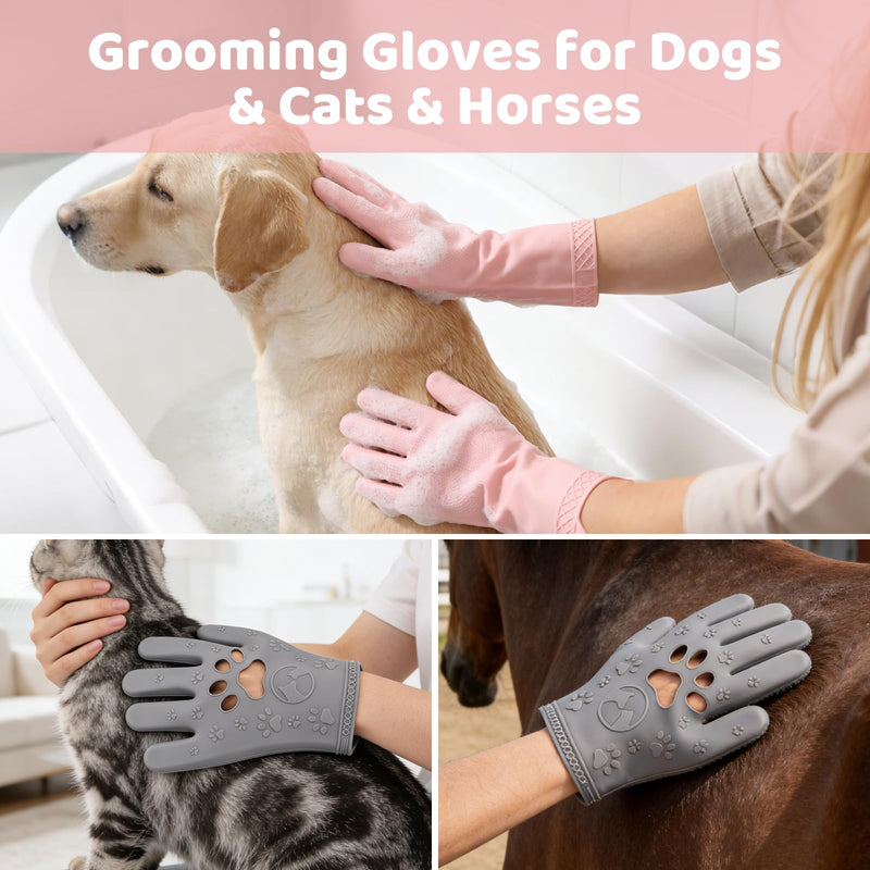 Pet Hair Remover Glove Set, Soft Silicone Dog Washing Gloves for Bathing & Deshedding, 2 Pairs of Pet Grooming Gloves for Dogs, Cats, Horses, Pink & Grey - PawsPlanet Australia