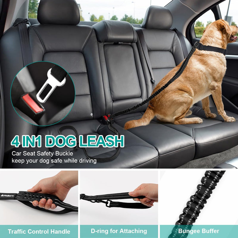 Philorn Bungee Dog Leash Heavy Duty 6-7FT Adjustable Length No Pull with 2 Padded Traffic Handles, Reflective Threads, Car Seatbelt for Large Medium Dogs (Black) Black - PawsPlanet Australia