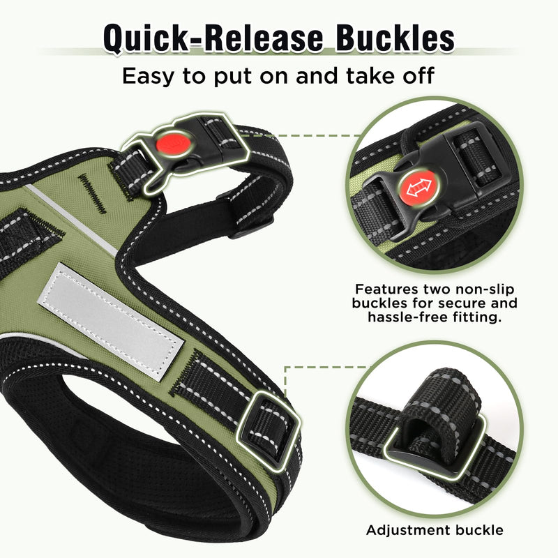Soft No Pull Dog Harness - Green, Reflective Strips, Customizable Velcro Patches, Adjustable Breathable Vest with Soft Neck Pad & Locking Buckle for Small Medium Large Dogs-XL XL - PawsPlanet Australia