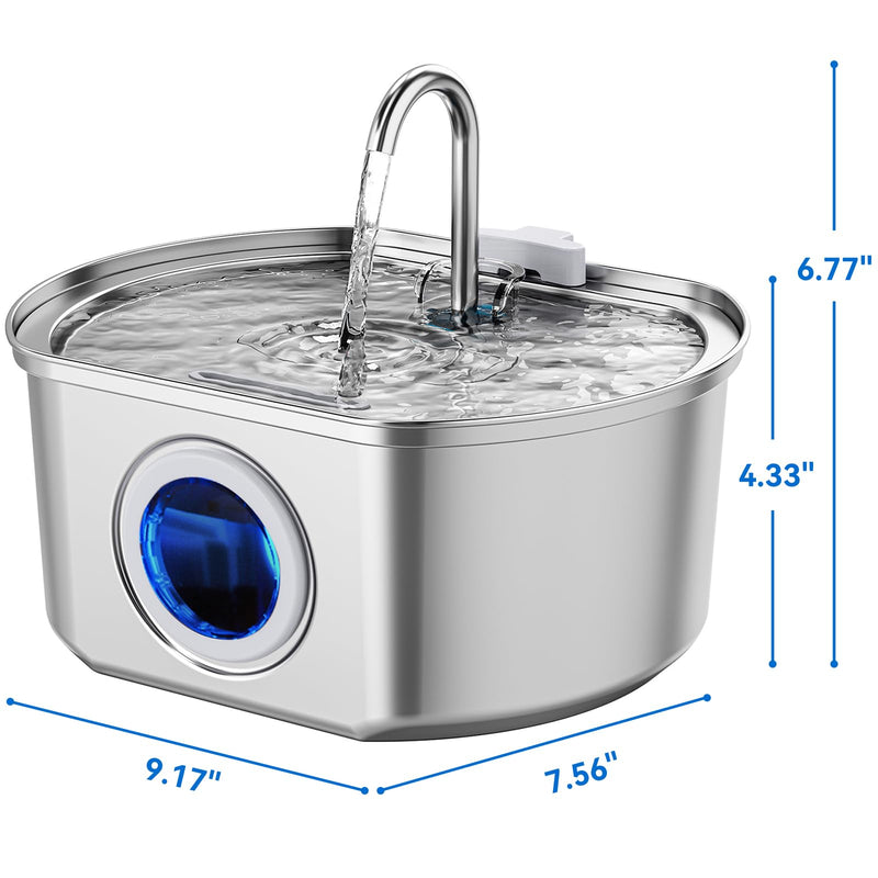 Cat Water Fountain Stainless Steel: 108oz/3.2L Cat Fountain for Drinking- Pet Water Fountain for Cats Inside - Automatic Cat Water Dispenser Bowl - Cat Feeding & Watering Supplies - Water Level Window Cat Fountain + 1 Filter + 1 Sponges - PawsPlanet Australia