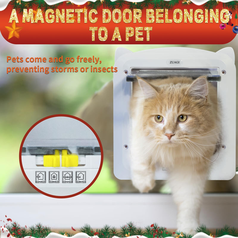 Magnetic Cat Door with 4 Way Locking, Weatherproof & Interior/Exterior Compatible (Outer: 11.5'x10.2', Inner: 7.5'x7.1')