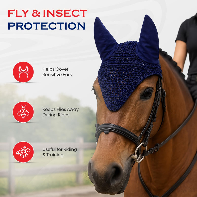Equine Care Horse Fly Bonnet Full Size Blue – Breathable Cotton Crochet Ear Bonnet, Fly Veil & Ear Net for Horses with Noise Reducing Cotton Ears for Dressage, Hunter Jumper & English Riding