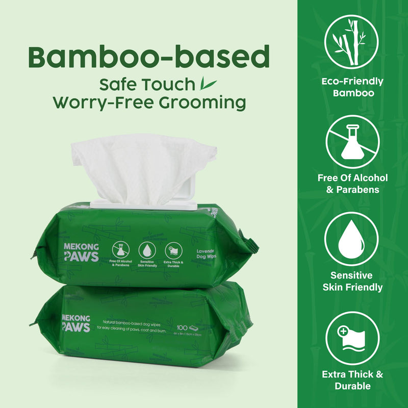 Pet Grooming Wipes - Natural & Organic Bamboo Base - Calming Lavender Scented - Freshening Dog Cat Wipe - Gentle on Sensitive Skin - Thick & Durable for Paws, Coat & Bum - 100 Count Lavender - 100 Count - PawsPlanet Australia