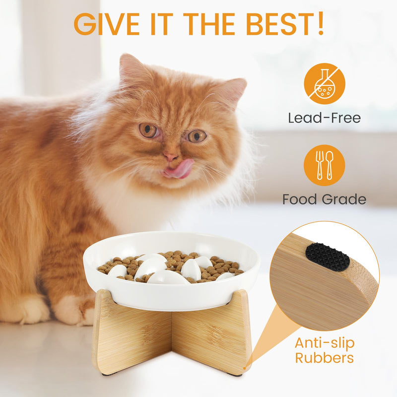 Slow Feeder Cat Bowl with Stand, Ceramic Slow Eating Cat Bowl with Higher Edges Fish Pool Design Elevated Cat Food Bowl for Dry and Wet Food Anti-Vomiting Cat Puzzle Feeder for Healthy Eating Diet White