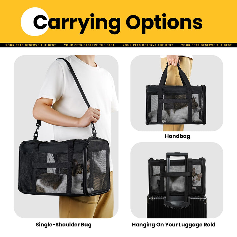 Cat Carrier Bag,Soft-Sided Pet Carriers for Dogs with 4-Sided Mesh,Airline Approved Cat Transport Carrier for Small&Medium Cats Kitten Puppy Up to 15Lb,Collapsible Cat Travel Carrier-M,Black M Black - PawsPlanet Australia