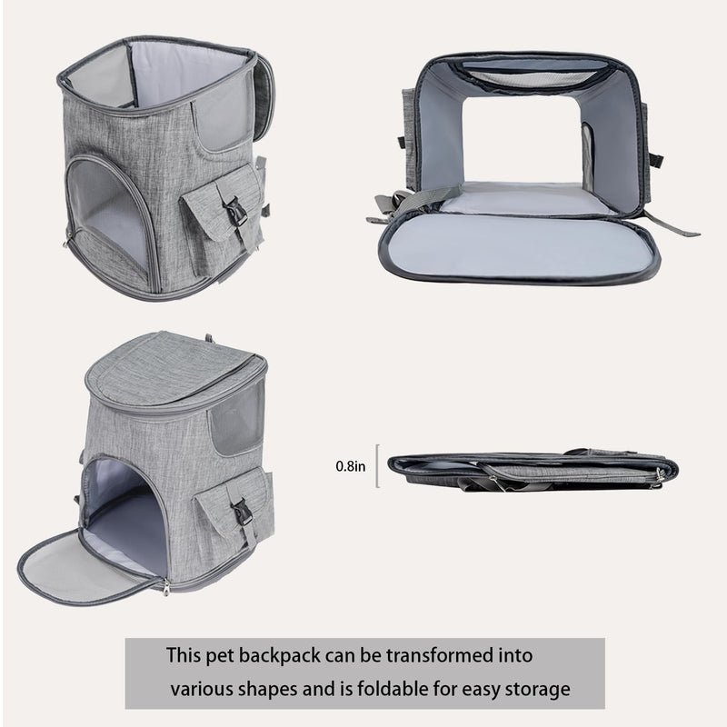 Foldable Cat Backpack Carrier - Dual-Sided Zipper & Magnetic Buckle, Breathable Mesh Pet Carrier with Adjustable Drawstring, Airline Approved Travel Backpack (Grey) - PawsPlanet Australia